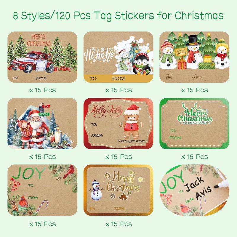 AuroTrends Jumbo Christmas Name Tags Stickers 120 Pack/8 Designs -Gift Tag with Reflective Metallic Foil for Christmas Presents (Vintage Brown) - Image 5